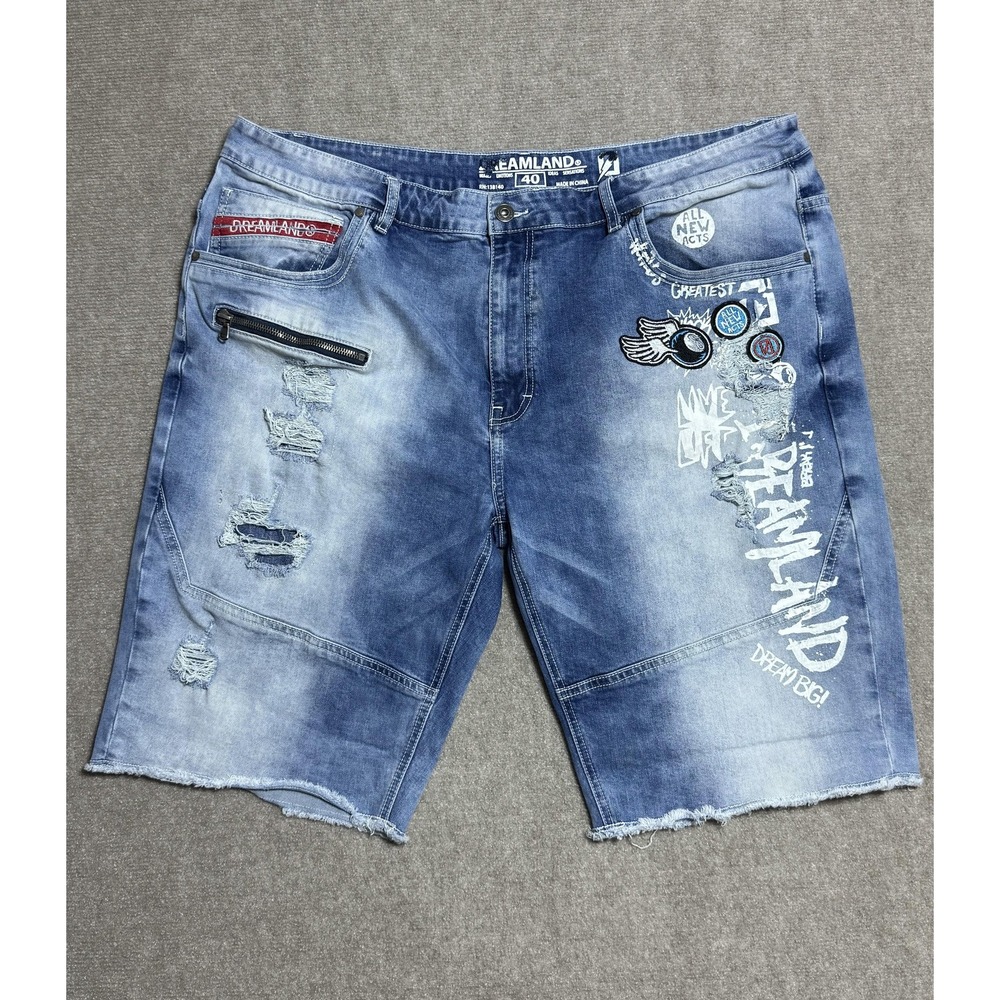 Dreamland Shorts Mens‎ 40 Distressed Denim Patchwork Graffiti Raw Hem Streetwear
